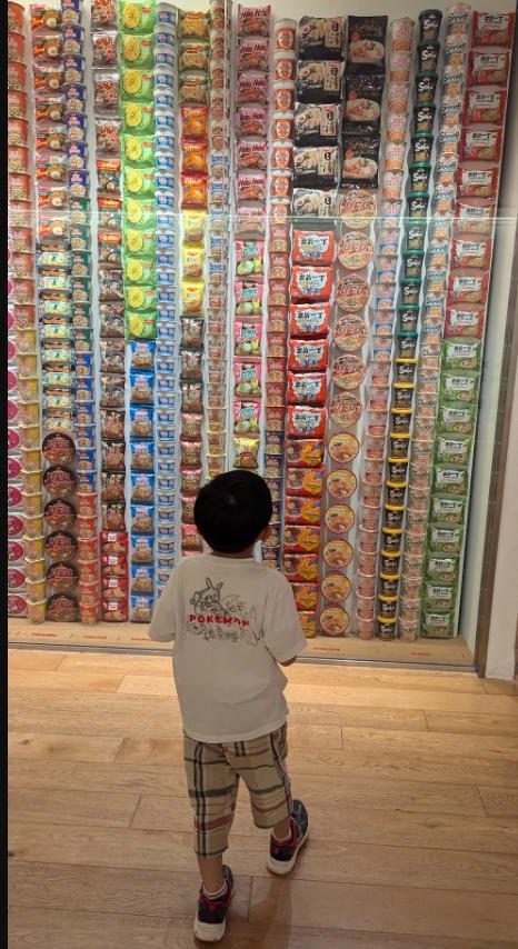インスタントラーメン ヒストリーキューブの壁を眺める小学1年生の息子