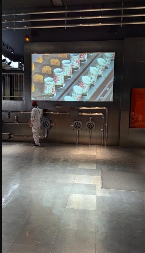 カップ麺の製造ラインの映像展示を見る子供
