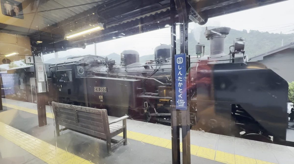 新高徳駅で車窓からすれ違うSL大樹C11 207