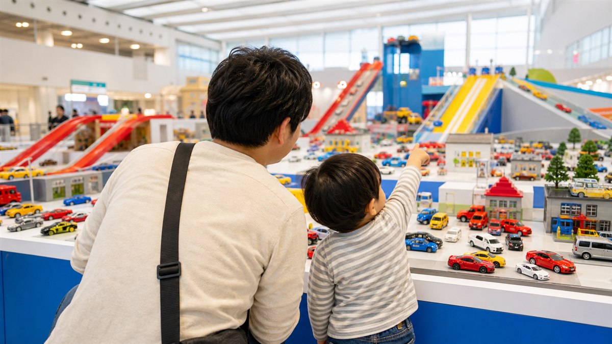ミニカー展示を見学する父親と幼児